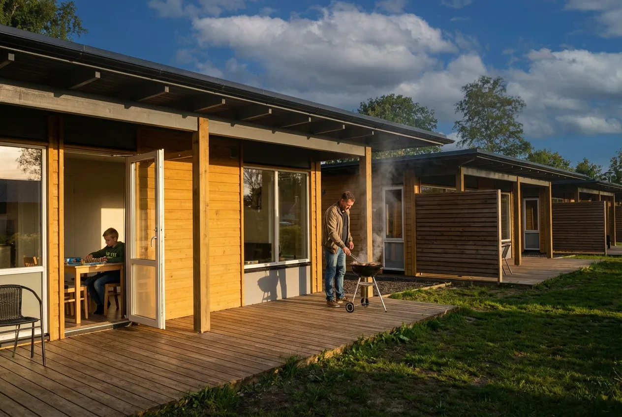En mann griller på terrassen utenfor en trehytte, mens et barn sitter inne ved et bord med åpen dør.